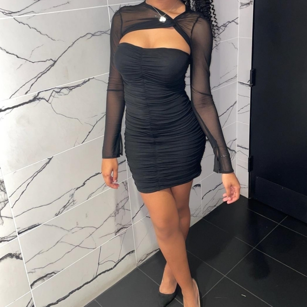 Elegant Black Mesh Sleeve MINI LBD Bodycon Cocktail Dress Sz M